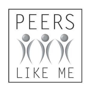 The Peers Like Me logo features three modern stick figurs standing side by side with their arms raised upward, The image is framed by the words Peers Like Me.