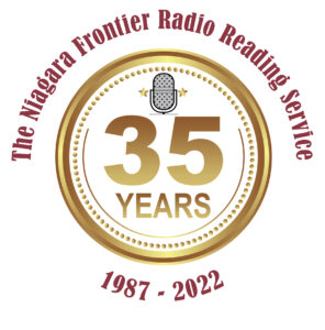 The 35th Anniversary Seal shows a cricle with 35 Years at the center and an illustrtaion of a micorphone. Wrapped around the outside of the circle are the words Niagara Frontier Radio Reading Serve and 1987 - 2022