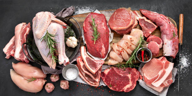 Variety of raw meat on table