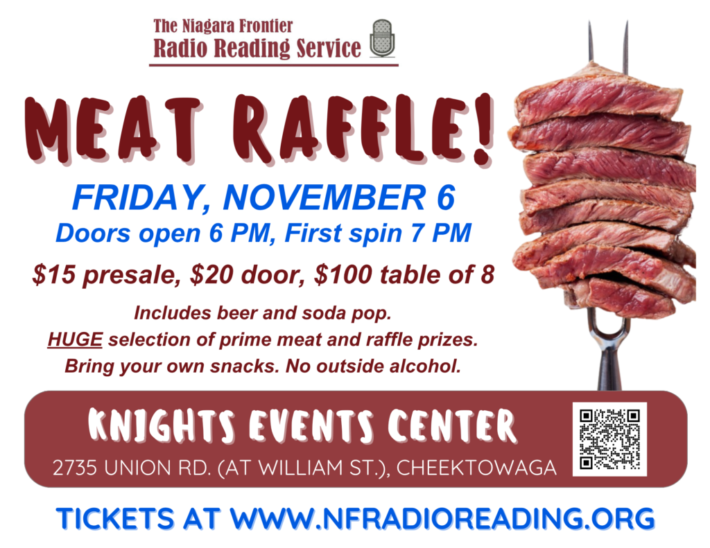 Meat Raffle flyer features a row of raw meat cuts on a barbeque fork and event detail in maroon and blue text