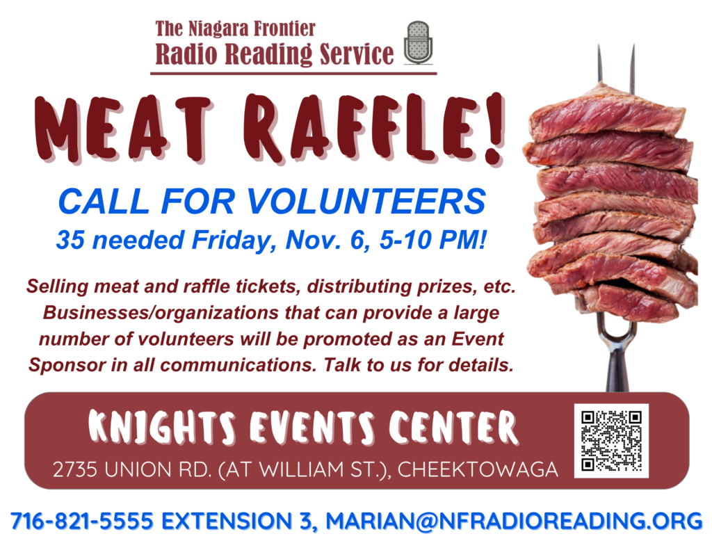 Meat Raffle Call for Volunteers flyer features a stack of raw meat on a BBQ fork